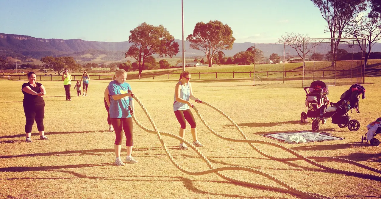 Battle ropes in the park with the escarpment behind